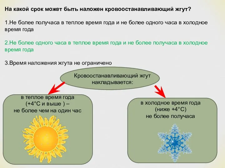 На какой срок может быть наложен кровоостанавливающий жгут? 1.Не более получаса в