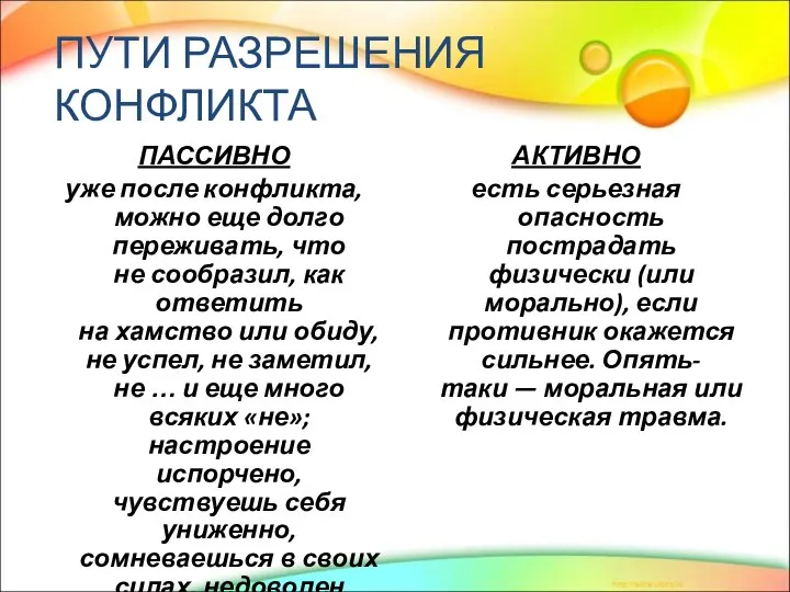 ПУТИ РАЗРЕШЕНИЯ КОНФЛИКТА ПАССИВНО уже после конфликта, можно еще долго переживать, что