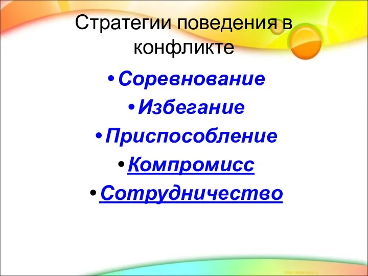 Стратегии поведения в конфликте Соревнование Избегание Приспособление Компромисс Сотрудничество