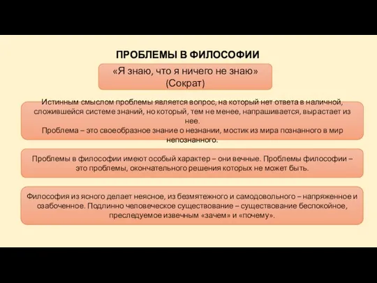 ПРОБЛЕМЫ В ФИЛОСОФИИ «Я знаю, что я ничего не знаю» (Сократ) Истинным