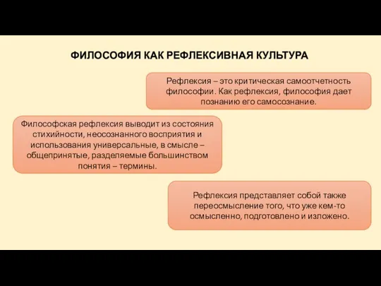 ФИЛОСОФИЯ КАК РЕФЛЕКСИВНАЯ КУЛЬТУРА Рефлексия – это критическая самоотчетность философии. Как рефлексия,