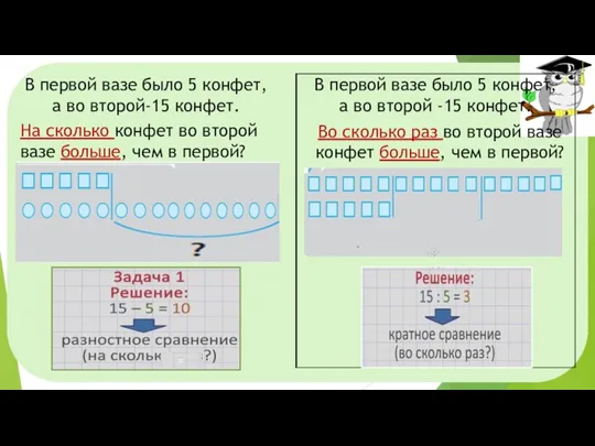 = На сколько конфет во второй вазе больше, чем в первой? Во