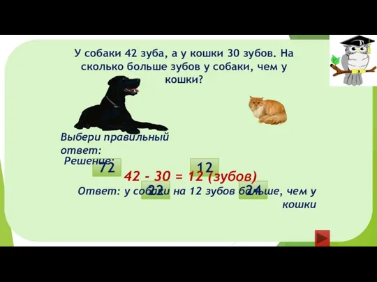 У собаки 42 зуба, а у кошки 30 зубов. На сколько больше