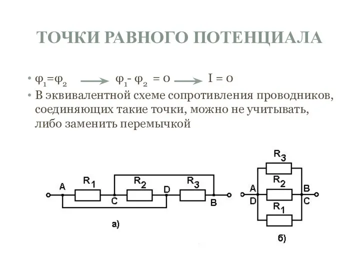 ТОЧКИ РАВНОГО ПОТЕНЦИАЛА φ1=φ2 φ1- φ2 = 0 I = 0 В