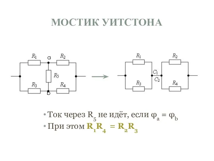 МОСТИК УИТСТОНА Ток через R5 не идёт, если φa = φb При