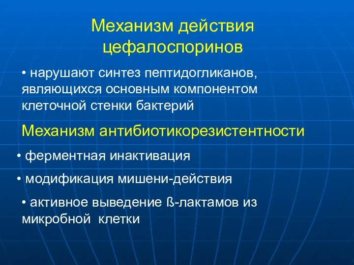 Механизм действия цефалоспоринов • нарушают синтез пептидогликанов, являющихся основным компонентом клеточной стенки