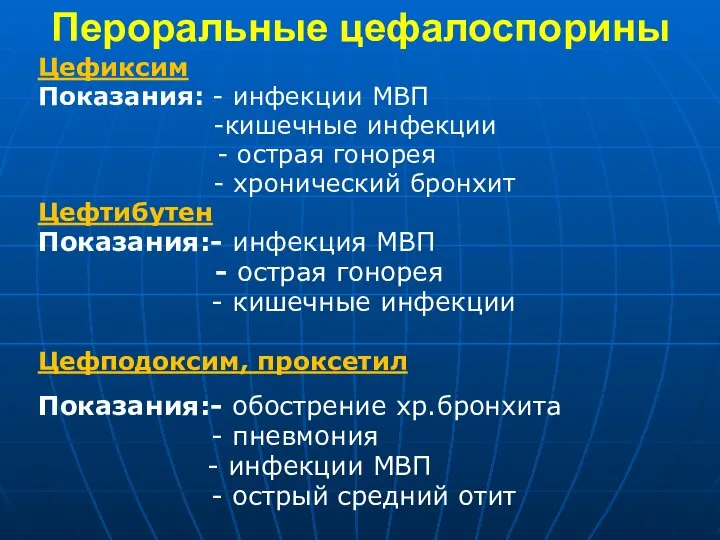 Пероральные цефалоспорины Цефиксим Показания: - инфекции МВП -кишечные инфекции - острая гонорея