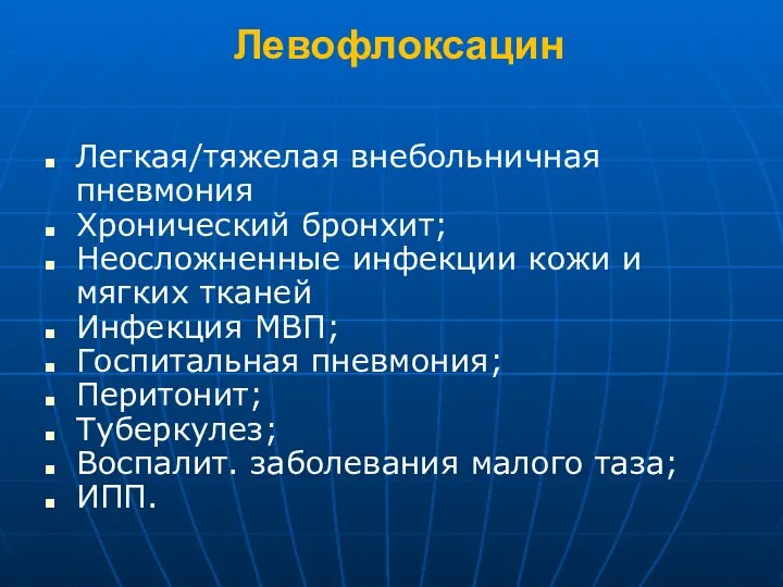 Левофлоксацин Легкая/тяжелая внебольничная пневмония Хронический бронхит; Неосложненные инфекции кожи и мягких тканей