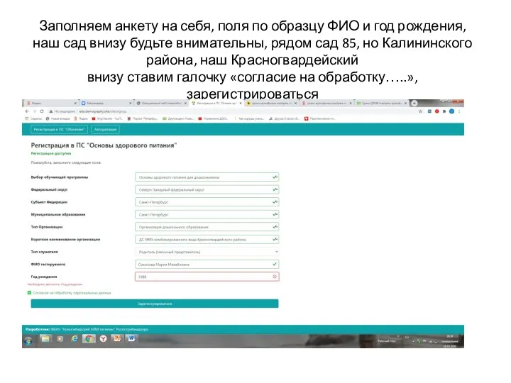 Заполняем анкету на себя, поля по образцу ФИО и год рождения, наш