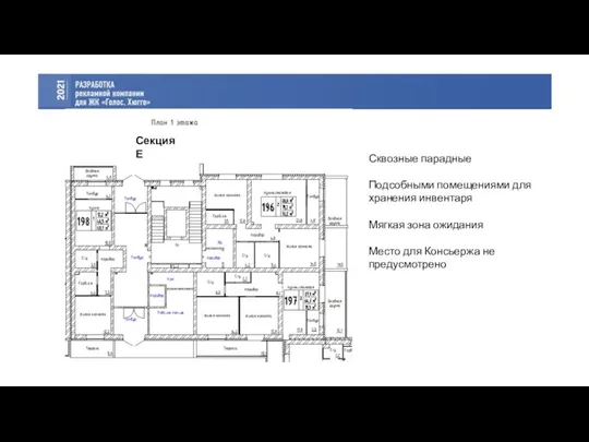 Секция Е Сквозные парадные Подсобными помещениями для хранения инвентаря Мягкая зона ожидания