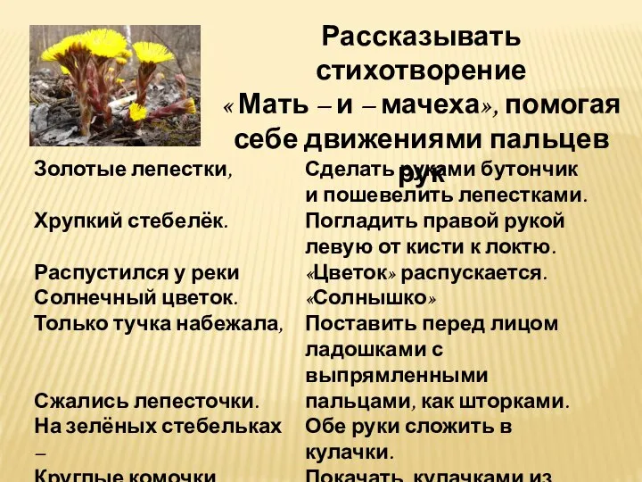 Рассказывать стихотворение « Мать – и – мачеха», помогая себе движениями пальцев рук