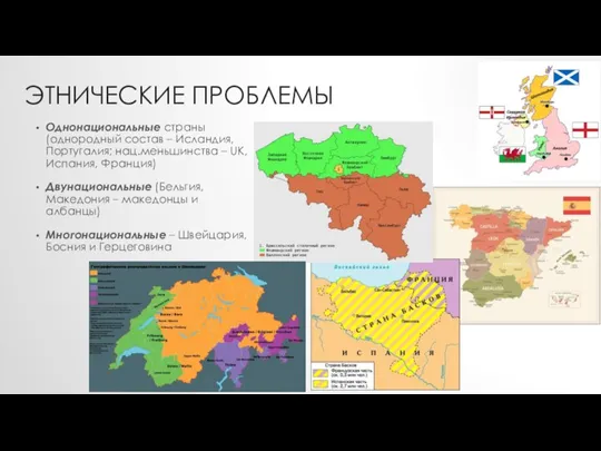 ЭТНИЧЕСКИЕ ПРОБЛЕМЫ Однонациональные страны (однородный состав – Исландия, Португалия; нац.меньшинства – UK,