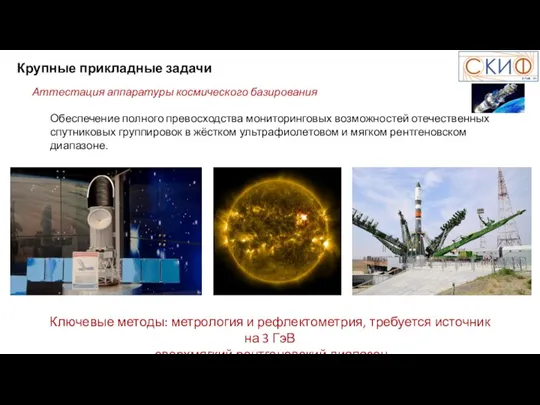 Крупные прикладные задачи Аттестация аппаратуры космического базирования Обеспечение полного превосходства мониторинговых возможностей