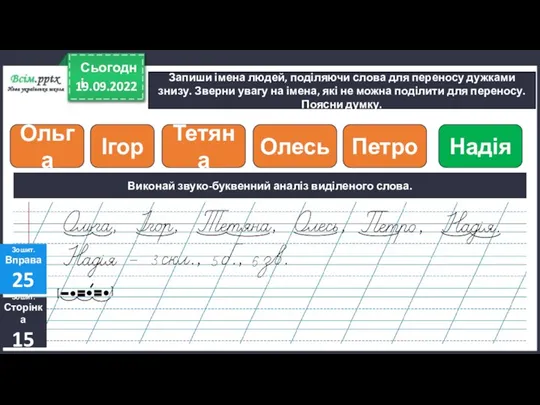 19.09.2022 Сьогодні Запиши імена людей, поділяючи слова для переносу дужками знизу. Зверни