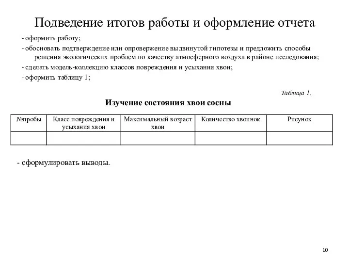 Подведение итогов работы и оформление отчета - оформить работу; - обосновать подтверждение