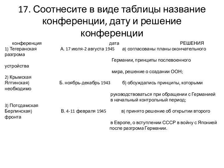 17. Соотнесите в виде таблицы название конференции, дату и решение конференции конференция