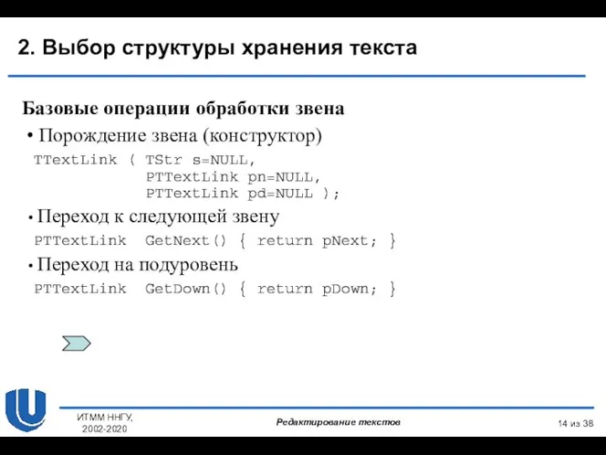 из 38 ИТММ ННГУ, 2002-2020 2. Выбор структуры хранения текста Базовые операции