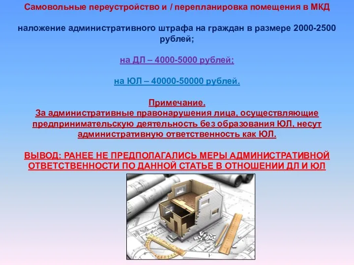 Самовольные переустройство и / перепланировка помещения в МКД наложение административного штрафа на