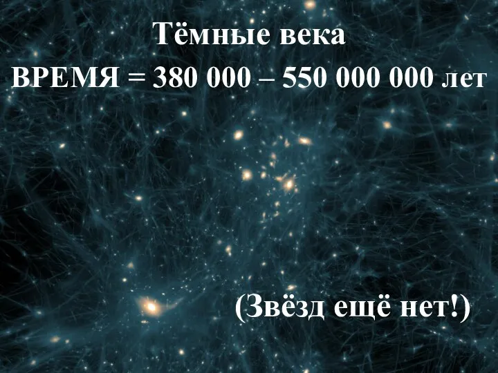 Тёмные века ВРЕМЯ = 380 000 – 550 000 000 лет (Звёзд ещё нет!)