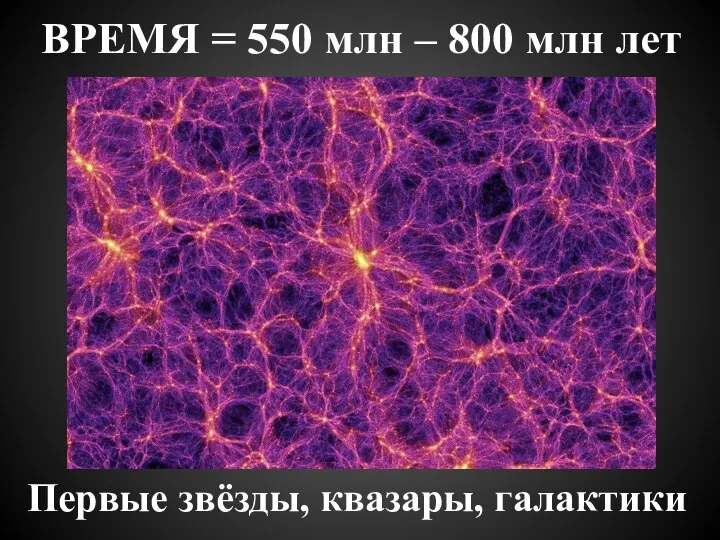 ВРЕМЯ = 550 млн – 800 млн лет Первые звёзды, квазары, галактики
