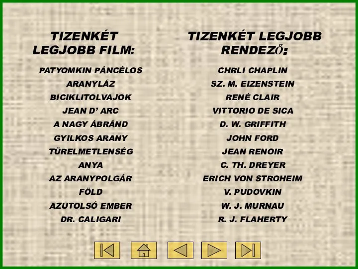 TIZENKÉT LEGJOBB FILM: TIZENKÉT LEGJOBB RENDEZŐ: PATYOMKIN PÁNCÉLOS ARANYLÁZ BICIKLITOLVAJOK JEAN D’