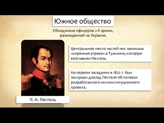 Южное общество Объединяла офицеров 2-й армии, размещенной на Украине. П. И. Пестель