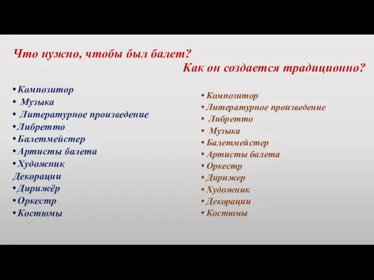 Что нужно, чтобы был балет? Как он создается традиционно? Композитор Музыка Литературное