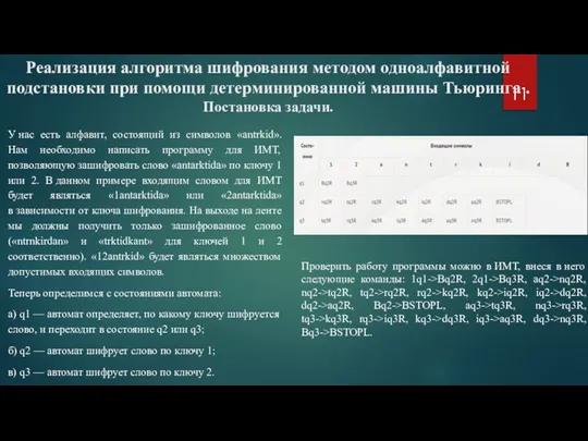 Реализация алгоритма шифрования методом одноалфавитной подстановки при помощи детерминированной машины Тьюринга .