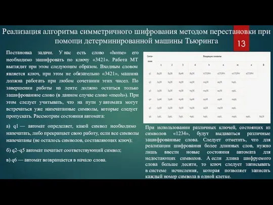 Реализация алгоритма симметричного шифрования методом перестановки при помощи детерминированной машины Тьюринга Постановка