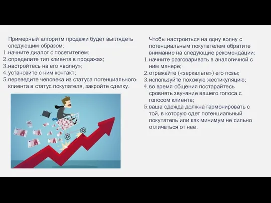 Примерный алгоритм продажи будет выглядеть следующим образом: начните диалог с посетителем; определите