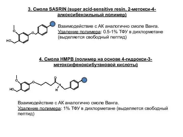 3. Смола SASRIN (super acid-sensitive resin, 2-метокси-4-алкоксибензильный полимер) Взаимодействие с АК аналогично