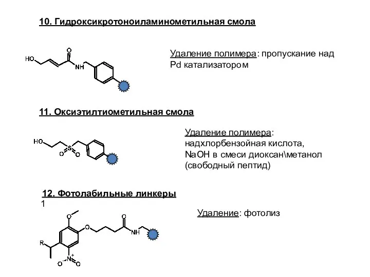 10. Гидроксикротоноиламинометильная смола Удаление полимера: пропускание над Pd катализатором 11. Оксиэтилтиометильная смола