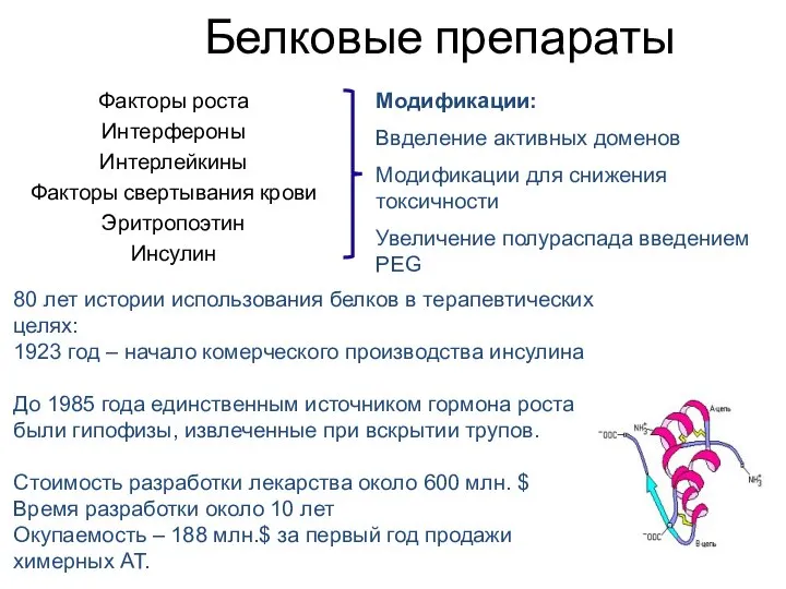 Белковые препараты Факторы роста Интерфероны Интерлейкины Факторы свертывания крови Эритропоэтин Инсулин Модификации: