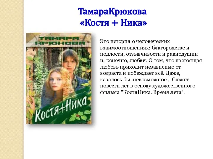 ТамараКрюкова «Костя + Ника» Это история о человеческих взаимоотношениях: благородстве и подлости,