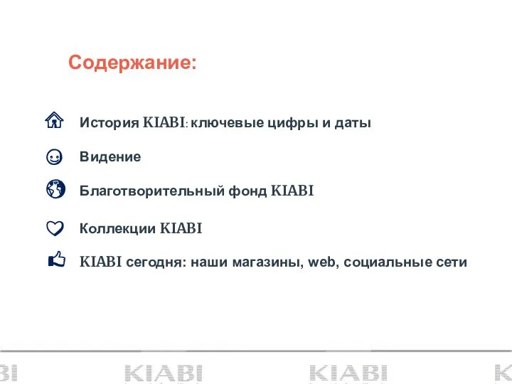 Содержание: История KIABI: ключевые цифры и даты Видение Благотворительный фонд KIABI Коллекции