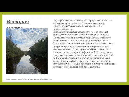 История места Государственный заказник «Сестрорецкое болото» – это территория древнего Литоринового моря.