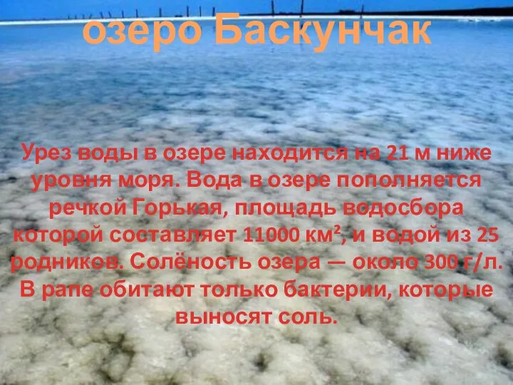 озеро Баскунчак Урез воды в озере находится на 21 м ниже уровня