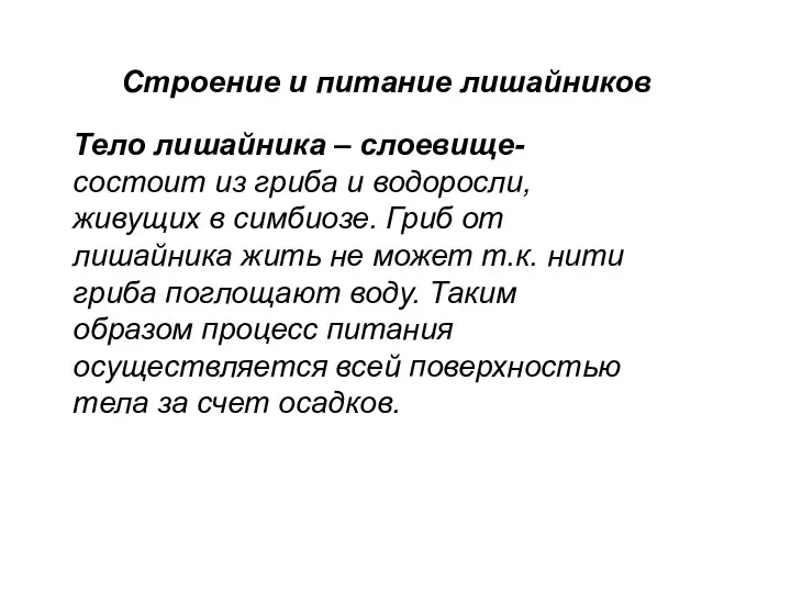 Строение и питание лишайников Тело лишайника – слоевище- состоит из гриба и