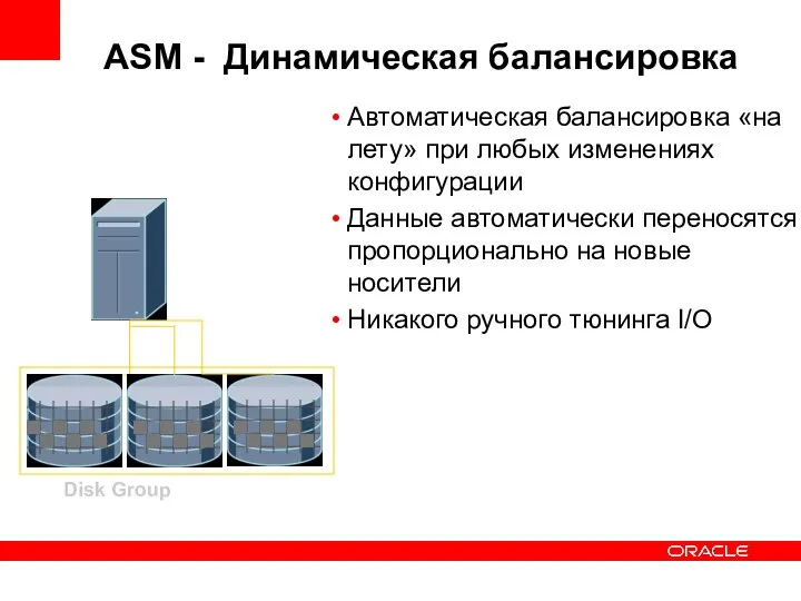 Disk Group ASM - Динамическая балансировка Автоматическая балансировка «на лету» при любых