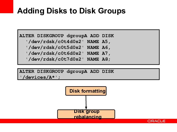 Adding Disks to Disk Groups ALTER DISKGROUP dgroupA ADD DISK '/dev/rdsk/c0t4d0s2' NAME