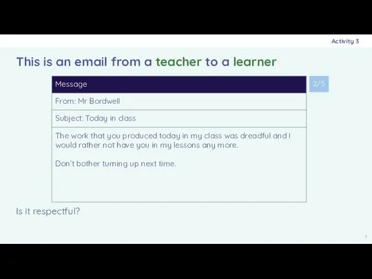 Is it respectful? This is an email from a teacher to a learner Activity 3 2/5