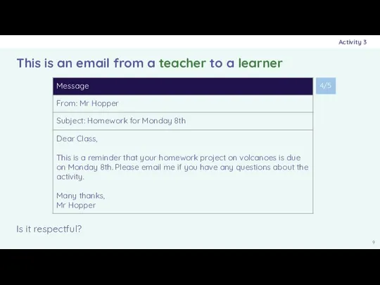 Is it respectful? This is an email from a teacher to a learner Activity 3 4/5