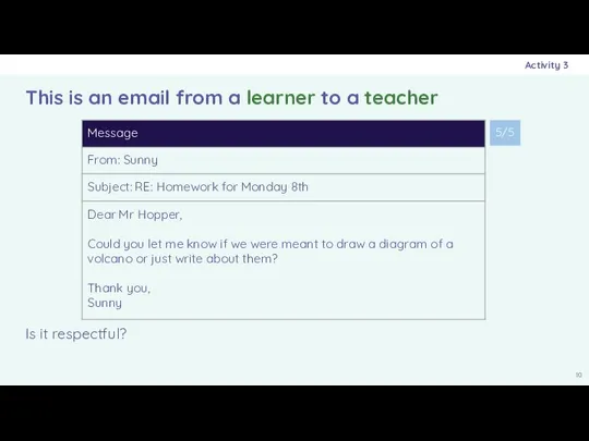 Is it respectful? This is an email from a learner to a teacher Activity 3 5/5
