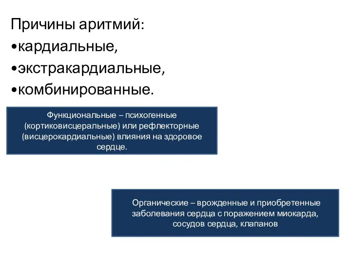 Причины аритмий: •кардиальные, •экстракардиальные, •комбинированные. Функциональные – психогенные (кортиковисцеральные) или рефлекторные (висцерокардиальные)