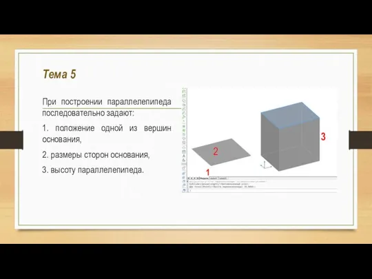 Тема 5 При построении параллелепипеда последовательно задают: 1. положение одной из вершин