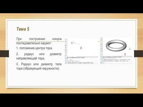 Тема 5 При построении конуса последовательно задают: 1. положение центра тора, 2.