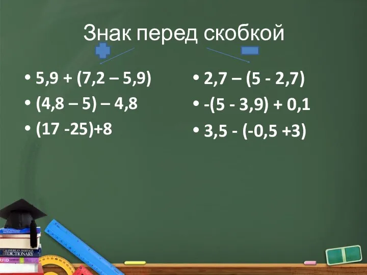 Знак перед скобкой 2,7 – (5 - 2,7) -(5 - 3,9) +