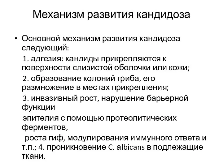 Механизм развития кандидоза Основной механизм развития кандидоза следующий: 1. адгезия: кандиды прикрепляются