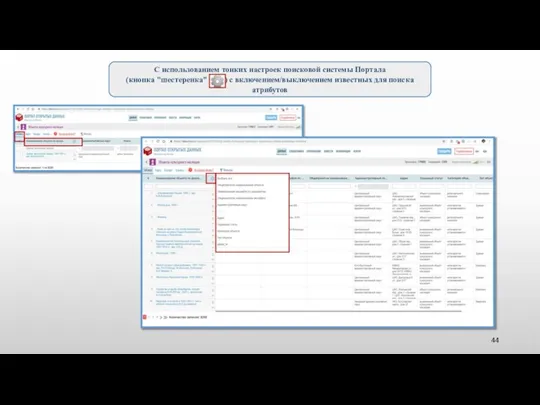 С использованием тонких настроек поисковой системы Портала (кнопка "шестеренка" ) с включением/выключением известных для поиска атрибутов