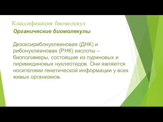 Классификация биомолекул Органические биомолекулы Дезоксирибонуклеиновая (ДНК) и рибонуклеиновая (РНК) кислоты – биополимеры,